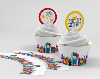 Its a SMALL WORLD Cupcake Toppers and Wrappers for Party Decorations - Small World Birthday Party Decorations - Small World Party Wrappers