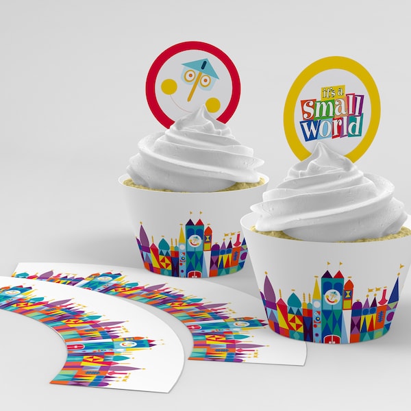 Its a SMALL WORLD Cupcake Toppers and Wrappers for Party Decorations - Small World Birthday Party Decorations - Small World Party Wrappers