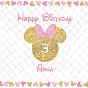 Peut inclure: Carte d'anniversaire avec une t&ecirc;te de Minnie Mouse dor&eacute;e &agrave; paillettes, un n&oelig;ud rose et le chiffre 3. Les mots "Happy Birthday Anna" sont &eacute;crits en rose. La bordure est orn&eacute;e de silhouettes de souris roses et dor&eacute;es.
