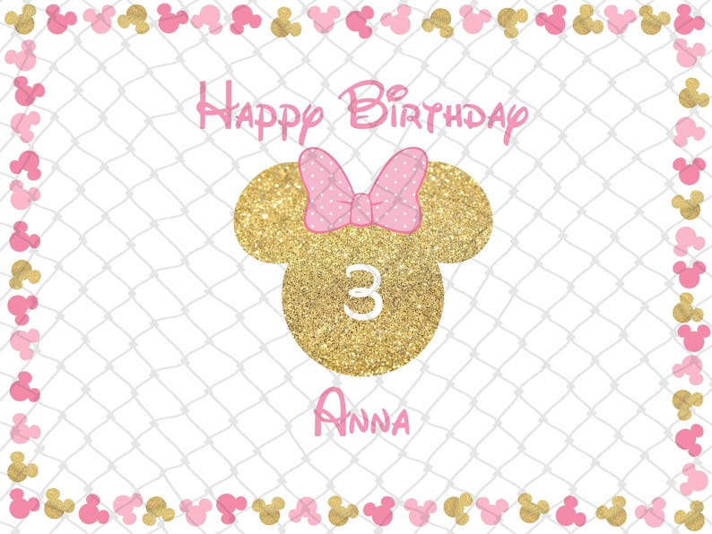 Peut inclure: Carte d'anniversaire avec une t&ecirc;te de Minnie Mouse dor&eacute;e &agrave; paillettes, un n&oelig;ud rose et le chiffre 3. Les mots "Happy Birthday Anna" sont &eacute;crits en rose. La bordure est orn&eacute;e de silhouettes de souris roses et dor&eacute;es.