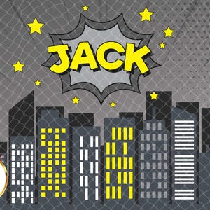 May include: Comic book style cityscape illustration with the name "JACK" in yellow, set against a gray background with stars. Buildings have yellow and white windows. Includes a "Digital File or Printed & Shipped" badge.