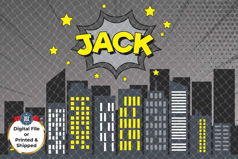 May include: Comic book style cityscape illustration with the name "JACK" in yellow, set against a gray background with stars. Buildings have yellow and white windows. Includes a "Digital File or Printed & Shipped" badge.
