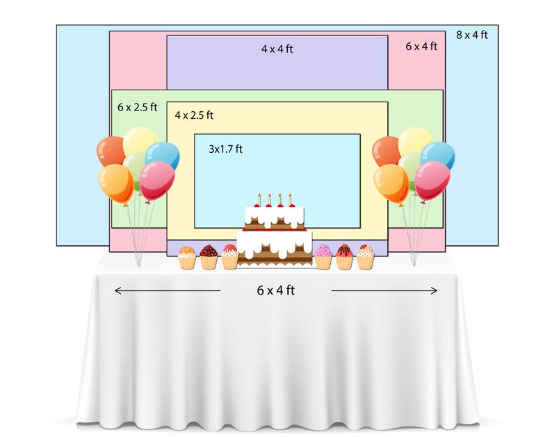 Puede incluir: Un mantel blanco cubre una mesa de 183 x 122 cm, con una tarta de cumplea&ntilde;os y cupcakes. Globos de colores y un tel&oacute;n de fondo con dimensiones de 91 x 52 cm a 244 x 122 cm completan la escena festiva.