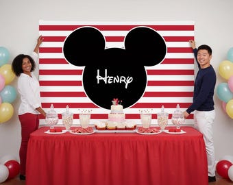 Personalized MOUSE Character Birthday Backdrop – Red Black Stripe Party Decoration (Digital or Printed)