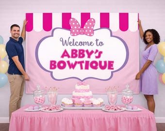 Toile de fond personnalisée pour anniversaire de souris - Bow Boutique Party (numérique ou imprimé) - Fond de bannière de table de gâteau