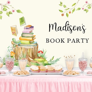 BOOK PARTY Personalized Birthday Backdrop - Book Club Party Backdrop - Classic Storybook Party Banner - Decor Children Book Party - Woodland