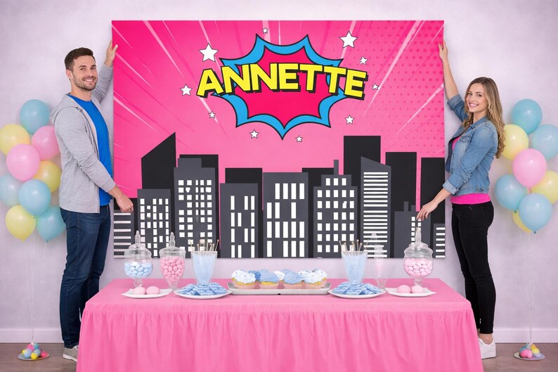 Personalized Superhero Birthday Backdrop – Cityscape Party Banner (Digital or Printed) image 7