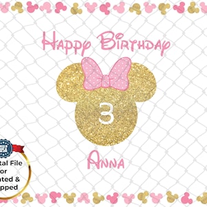 Peut inclure: Carte d'anniversaire avec une t&ecirc;te de Minnie Mouse dor&eacute;e &agrave; paillettes, un n&oelig;ud rose et le chiffre 3. Les mots "Happy Birthday" et "Anna" sont en rose. Fond blanc avec bordure rose et dor&eacute;e.