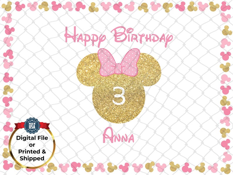 Peut inclure: Carte d'anniversaire avec une t&ecirc;te de Minnie Mouse dor&eacute;e &agrave; paillettes, un n&oelig;ud rose et le chiffre 3. Les mots "Happy Birthday" et "Anna" sont en rose. Fond blanc avec bordure rose et dor&eacute;e.