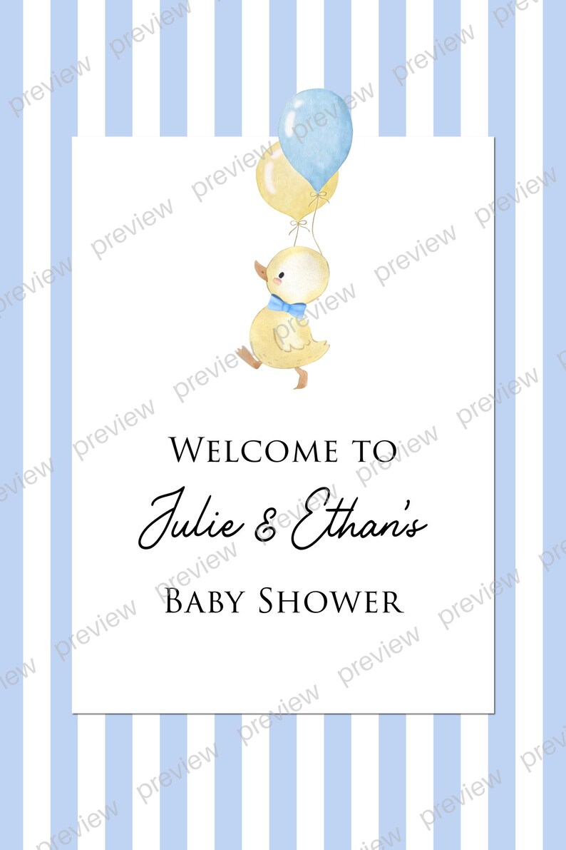 Puede incluir: Un letrero de baby shower con un pato amarillo sosteniendo globos. El letrero dice "Bienvenida a la Baby Shower de Julie & Ethan" sobre un fondo blanco con rayas azules y blancas.