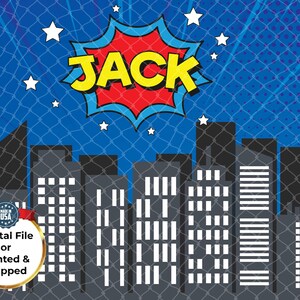 May include: A digital design featuring a cityscape silhouette with a blue sky background and a comic book style burst that says "JACK" in yellow text. The design includes white stars and a "Made in USA" emblem.