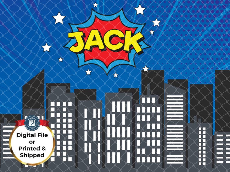 May include: A digital design featuring a cityscape silhouette with a blue sky background and a comic book style burst that says "JACK" in yellow text. The design includes white stars and a "Made in USA" emblem.