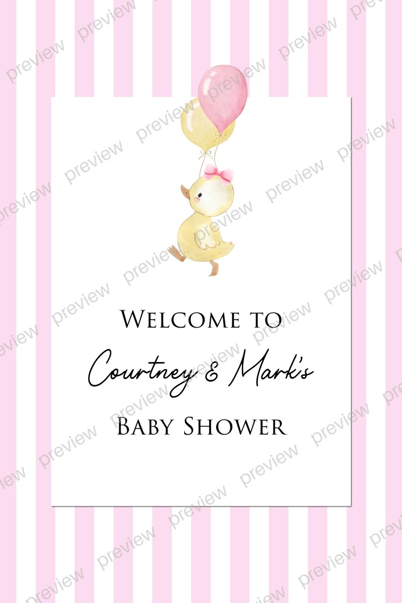 Puede incluir: Una invitaci&oacute;n a un baby shower con un fondo a rayas rosas y blancas. La invitaci&oacute;n presenta un patito amarillo sosteniendo dos globos. El texto dice "Bienvenida a la fiesta de bienvenida de Courtney & Mark."