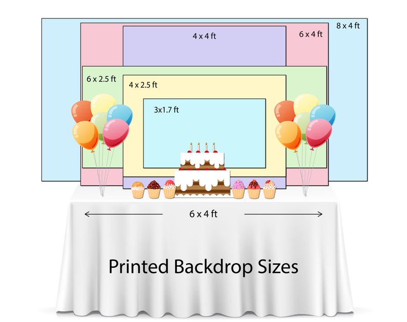 May include: A white tablecloth displays a cake, cupcakes, and balloons. The image shows various printed backdrop sizes: 8 x 4 ft, 6 x 4 ft, 4 x 4 ft, 6 x 2.5 ft, 4 x 2.5 ft, and 3 x 1.7 ft. The text "Printed Backdrop Sizes" is at the bottom.