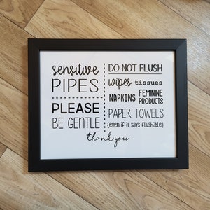 Sensitive Pipes Framed poster, guest bathroom, wall signs, septic system, flushables, toilet paper, parkspine
