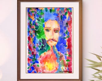 Portrait of a Man with a Heart Burning with Love Original Acrylic Figurative Painting Emotional Abstract Expressionist Art