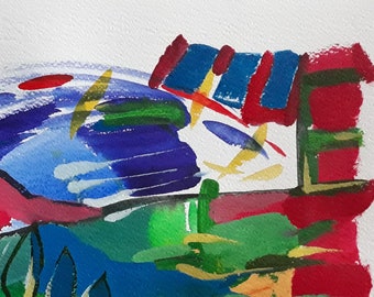 May include: Abstract watercolor painting with bold strokes of red, blue, green, and yellow. The artwork features a landscape-like composition with a building-like structure and stylized elements, evoking a sense of nature and architecture.