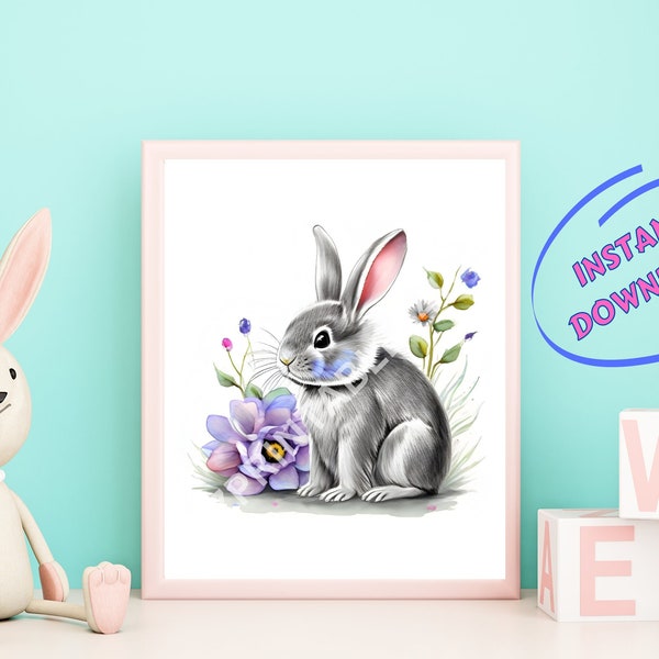 Adorable Bunny Rabbit Wall Art - Instant Digital Download for Kids' Rooms Wall Print, Nursery Children's Bedroom Decor