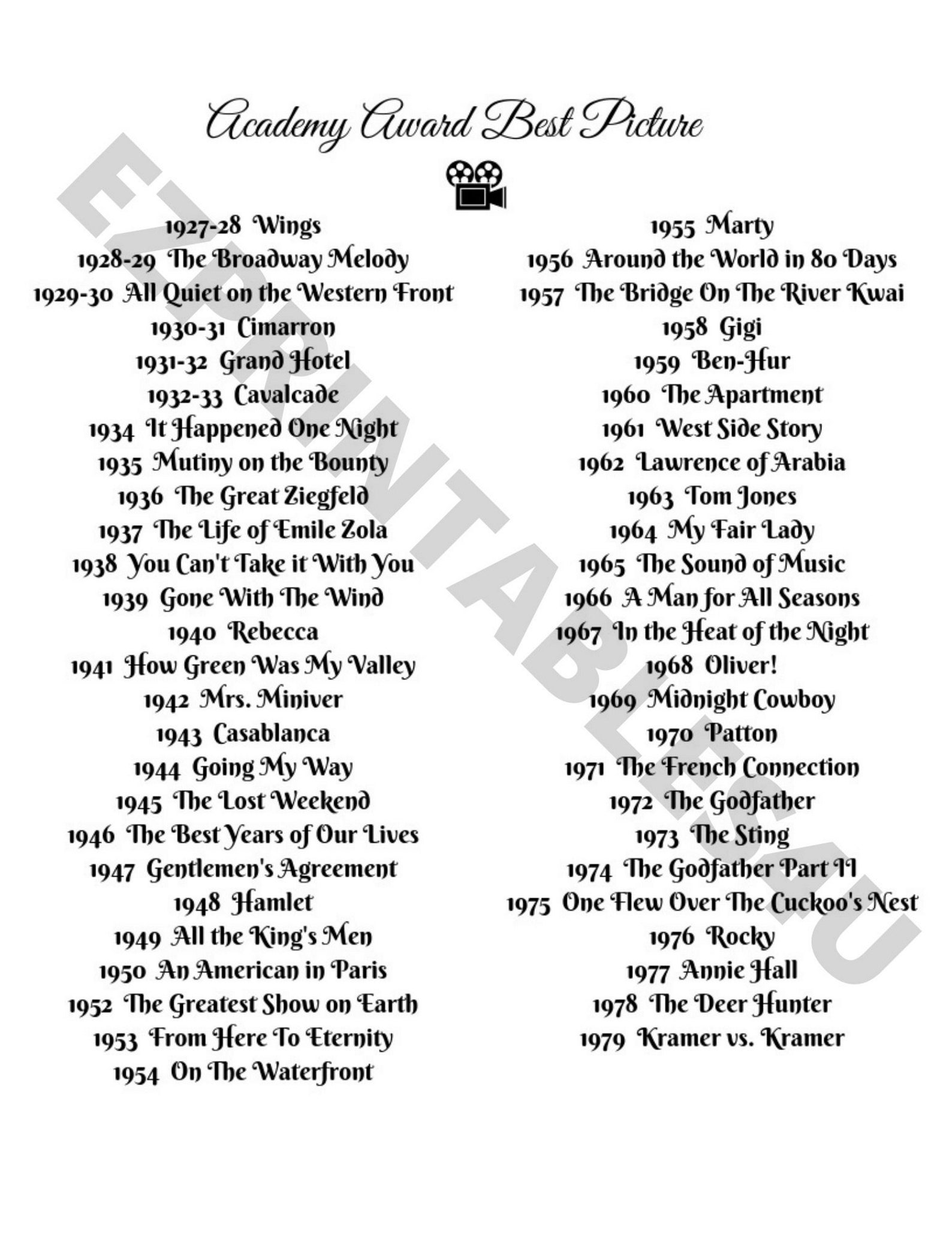 Academy Awards Best Picture Printable List