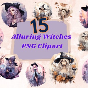 Witches Watercolor PNG Clipart Bundle Cute Witch Halloween Clipart Transparent Background