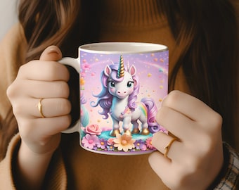 Lindo diseño de flores de unicornio 11 oz y 15 onzas taza de café taza floral PNG fantasía taza plantilla diseño de sublimación Descarga instantánea