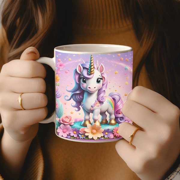 Süßes Einhorn Blumen Design 11 Unzen und 15 Unzen Kaffeetasse Becher Floral PNG Fantasy Becher Vorlage Sublimation Design Sofortiger Download