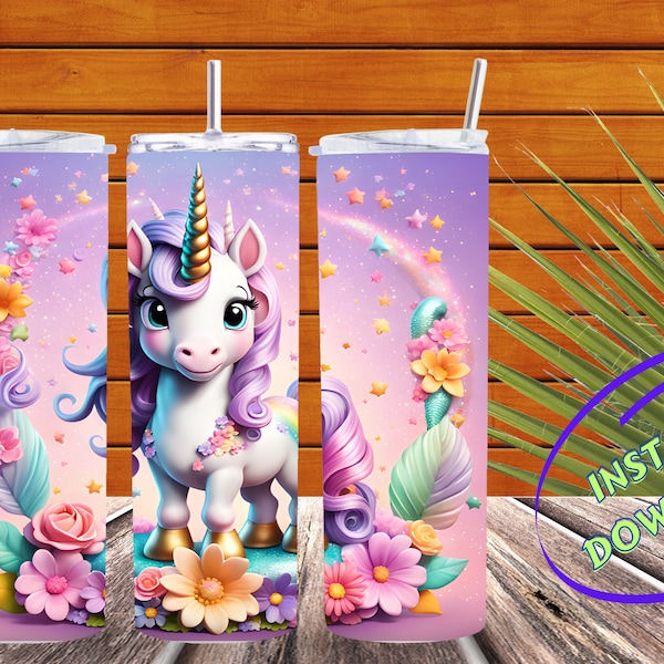 Cute Unicorn Style Design, 20 oz Sublimation Straight/Tapered Skinny Tumbler Wrap, Kids Tumbler, Baby Unicorn Rainbow PNG Instant Download