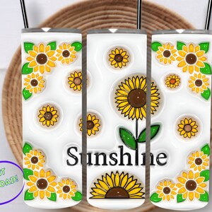 Vaso inflado con diseño de girasoles en 3D de 20 oz, vaso delgado con envoltura de flor de sol para sublimación PNG