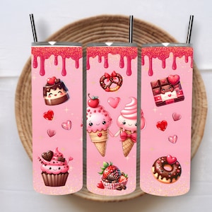 Valentines Day Kawaii Sweets Hearts Design, 20 oz Sublimation Straight Tapered Skinny Tumbler Wrap PNG Valentine Cute Kids Cup