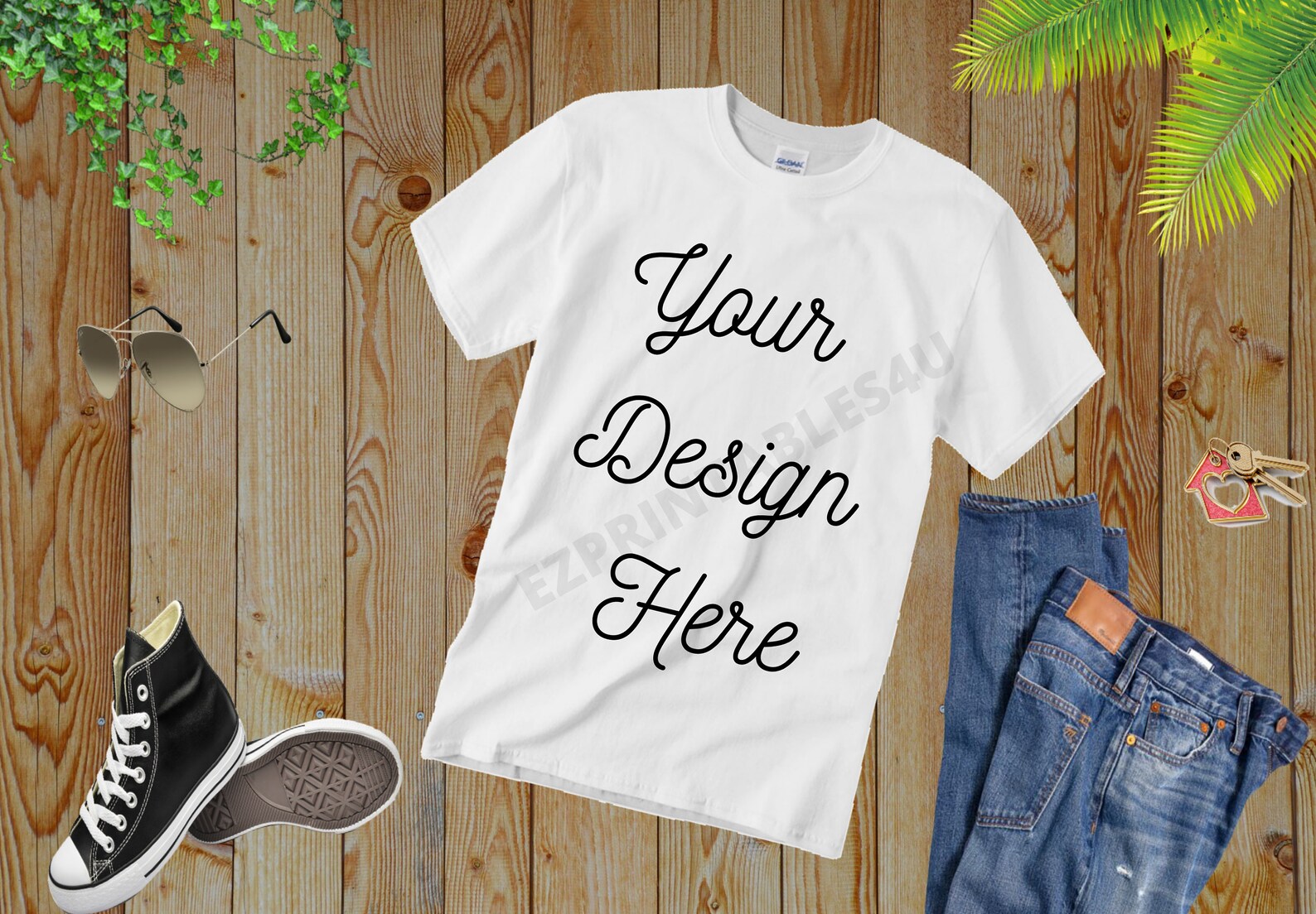 White Gildan T Shirt Mock Up Blue Jeans Sneakers Digital ...
