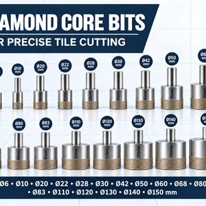 Pode incluir: Uma coleção de brocas diamantadas prateadas para corte de azulejos, dispostas em duas filas. Cada broca possui uma haste cilíndrica e uma ponta abrasiva texturizada. Os tamanhos variam de 6 mm a 150 mm, marcados com ícones circulares.