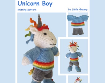 Toy knitting pattern for a Unicorn Boy wearing a top down jumper and shorts. With a finished size of approx 24cm high.