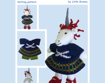 Toy knitting pattern of a Scottish Unicorn Girl wearing a Scotland flag top down dress, and knickers. She is approx 24cm tall