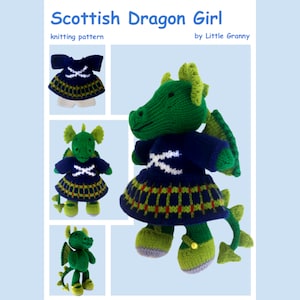 Toy knitting pattern of a Scottish Dragon Girl wearing a Scotland flag top down dress trimmed with Dragon tartan, and knickers.