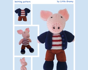 Toy knitting pattern for Mr Pig wearing a top down cardigan, vest and trousers (removable). With a finished size of approx 24cm high.