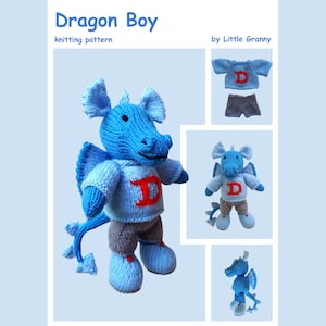 Toy knitting pattern for a Dragon Boy wearing a top down jumper and shorts. With a finished size of approx 24cm high.
