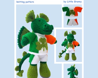 Toy knitting pattern for an Irish Dragon Boy wearing an Irish flag top down jumper, and shorts. With a finished size of approx 24cm high.