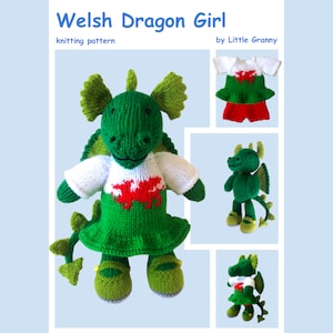 Toy knitting pattern for a Welsh Dragon Girl wearing a Flag of Wales top down dress and knickers. With a finished size of approx 24cm high.