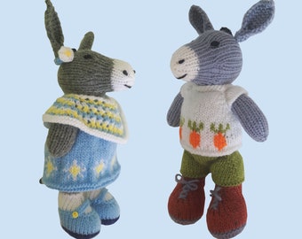 2 x Toy knitting PDF download patterns for Dixie & Daisy the dressed Donkeys. With finished sizes of approx 24cm each.