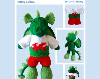 Toy knitting pattern for a Welsh Dragon Boy wearing a Flag of Wales top down jumper and shorts. With a finished size of approx 24cm high.
