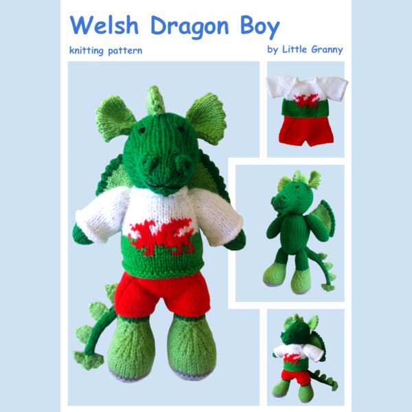 Toy knitting pattern for a Welsh Dragon Boy wearing a Flag of Wales top down jumper and shorts. With a finished size of approx 24cm high.