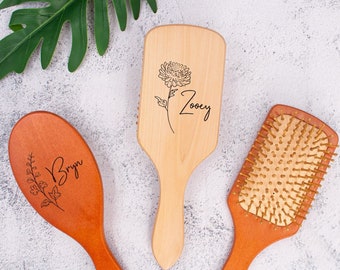 Personalized Wooden Brush | Birth Month Flower Hair Brush | Custom Wood Paddle Brush | Bridal Party Gift | Mother's Day Gift