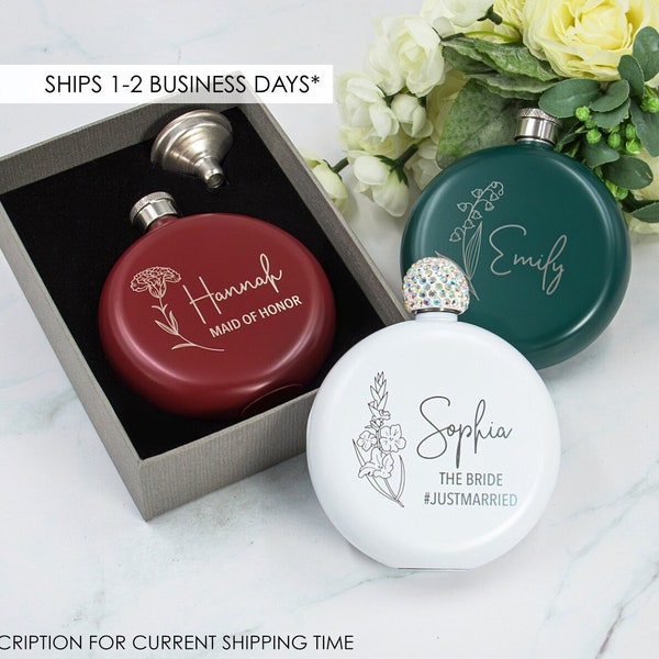 Personalized Women's Flask Birth Month | Custom Flower Women's Flask | Birth Month Flower Engraved Flask | Bridesmaid Gift