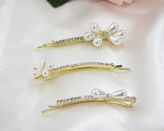 Set of Two Hair Clips | Gold Rhinestone Hair Clips | Floral Hair Accessory | Faux Pearl Hair Clip