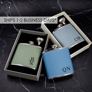 Laser Engraved Initials Flask | Faux Leather Flask | Engraved Mens Flask | Custom Vegan Leather Flask | Groomsman Gift | Gift for Best Man