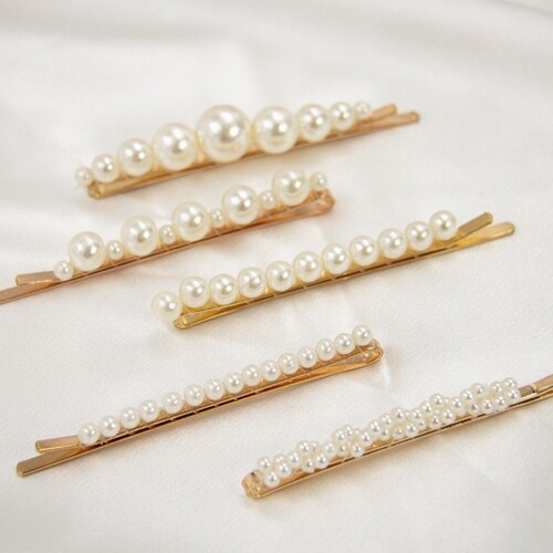 Set of 5 Pearl Hair Clips | Miniature Pearl Hair Clips | Gold Hair Accessory | Faux Pearl Barrette