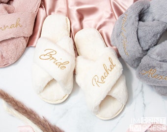 Pantuflas personalizadas para la novia / Regalo para damas de honor / Set de regalo para despedida de soltera / Pantuflas mullidas personalizadas / Set para la fiesta nupcial -skuSHE