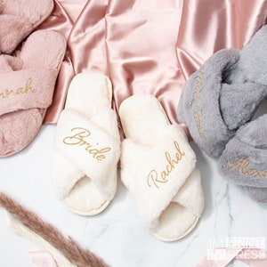Custom Bride Slippers | Bridesmaid Gift | Bachelorette Party Gift Set | Custom Fluffy Slippers | Bridal Party Set -skuSHE