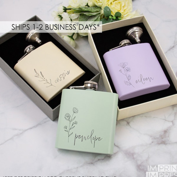 Custom Flower Flask | Floral Bridal Party Gift | Laser Engraved Flask | Personalized Women's Flask | Bridesmaid Gift - bc-LIND