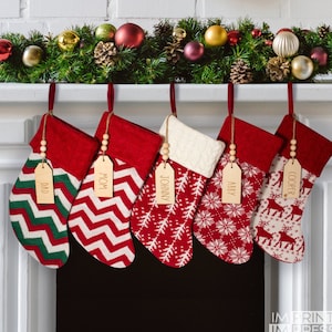 Personalized Christmas Stocking | Pom Pom Christmas Stocking | Engraved Wooden Tag Stocking | Christmas Holiday Gift